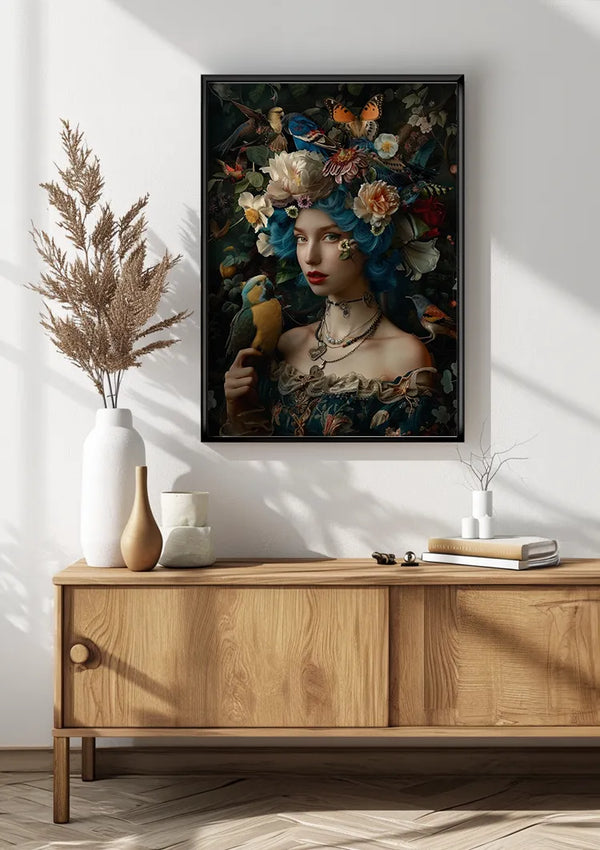 Boven een houten dressoir wordt een ingelijst Flower Lady Schilderij van CollageDepot getoond van een vrouw versierd met bloemen en vogels op haar hoofd. Op het dressoir staan twee witte vazen met gedroogde planten en een crèmekleurige doos, tegen een witte muur in een goed verlichte kamer. Deze elegante wanddecoratie voegt charme toe aan elke ruimte.,Zwart