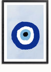 Een ingelijst abstract schilderij met een gestileerd boze oog-motief. De concentrische cirkels zijn zwart in het midden, gevolgd door lichtblauw, wit en donkerblauw, tegen een lichtgrijze achtergrond. Het zwarte frame is voorzien van een magnetisch ophangsysteem voor eenvoudige montage. Dit is het Turkse oogschilderij van CollageDepot.