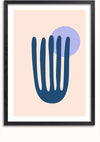 Een ingelijst Golvend Lijnontwerp Schilderij van CollageDepot heeft een donkerblauwe vorm die lijkt op een langwerpige vork met vijf tanden, tegen een lichtbeige achtergrond. Achter de vorm bevindt zich een grote lavendelkleurige cirkel, die de rechterbovenkant overlapt. Deze unieke wanddecoratie wordt geleverd met een magnetisch ophangsysteem voor eenvoudige installatie.,Zwart-Met,Lichtbruin-Met,showOne,Met